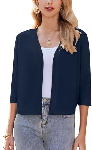 Zeagoo Chaqueta Bolero Elegante para Mujer Cárdigan Informal Manga 3/4 Chaqueta Bolero Azul Marino L