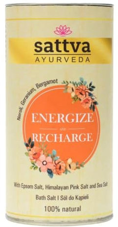 Sattva Energize & Recharge - Baño relajante con aroma a bergamota, cristales de baño 100% naturales de sal Epsom, sal del Himalaya y sal marina, para hombres y mujeres, 300 g