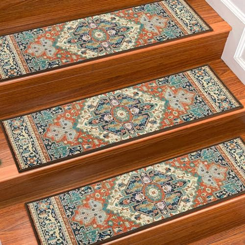 Stair Treads for Wooden Steps Indoor, 15 Pack 8 X 30 Non Slip Carpet Stair Treads with Reusable Adhesive for Kids Elders and Dogs, TPR Backing Stair Rugs Oriental Staircase Step Treads,Bohemia