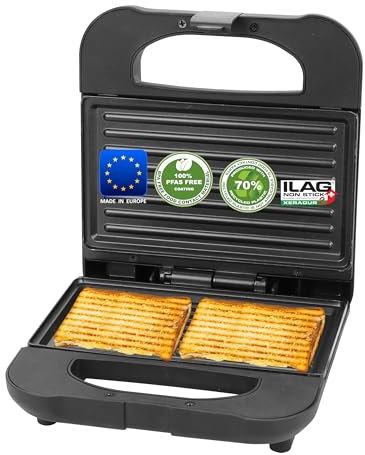 Emerio Sandwichmaker Paninigrill | MADE IN EUROPE | BPA- & PFAS-freie Antihaftbeschichtung von ILAG (Xeradur 2) | hergestellt aus ca. 70% recyceltem Kunststoff - sehr nachhaltig | 700W | ST-130038
