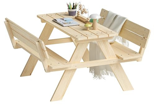 Bellabino Inny Kindersitzgarnitur für Draußen, Sitzgruppe Outdoor 2 Bänke mit Lehne und Tisch, Sitzgarnitur für Kinder Natur aus Massivholz unbehandelt, Picknicktisch Kinder, Spielsitzgruppe draußen