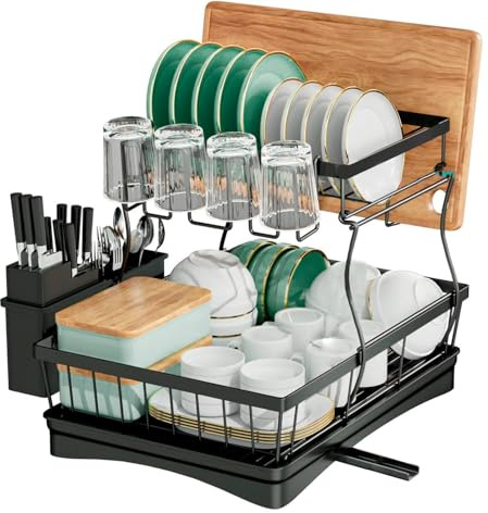 edihome, Abtropfgestell Geschirr, Geschirrständer für die Küchentheke, langlebiger Küchen-Trockenständer aus Edelstahl mit Besteckhalter (2 Ebenen)