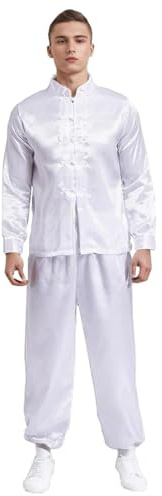 KKmeter Mens Martial Arts Suit Chinese Traditional Tang Suit Long Sleeve Yoga Top with pants Clothes Outfit (White, Small)