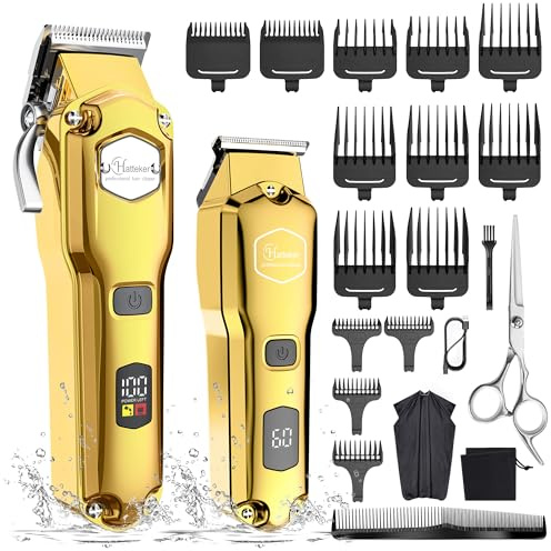 Hatteker Haarschneidemaschine Profi akku Haarschneider Herren Haartrimmer Langhaarschneider Herren Bartschneider Barttrimmer Wasserdichter (Gold)