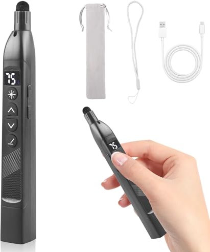 Schreiben Presenter, 3 Modi Rotlicht-Presenter mit Zeigestab Ausziehbar, 4-in-1 Präsentationsfernbedienung mit Batterieanzeige, Wiederaufladbarer USB-C Presenter mit Aufbewahrungstasche