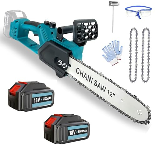 Bürstenlose Kettensäge 18v Kompatibel mit Makita DUC307ZX2, 12 Zoll | Akku Kettensäge mit 2 5500mah Akkus, Automatischer Öler, Einhand Kettensäges für Gartenscheren Astschere Holzschneidenz