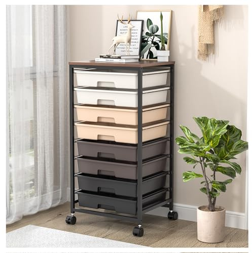 SYKIARIOL 8 Drawers Storage Trolley, Utility Storage Cart on Lockable Wheels with Plastic Drawers, Multipurpose Mobile Organizer Unit for Living Room,Bedroom,School,Beauty, Dark Brown
