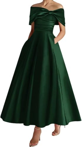 Women's Satin Formal Evening Party Gowns Cold Shoulder Casual Wedding Dresses Pleats Grace Bridal Gowns HLSA163 Dark Green UK14