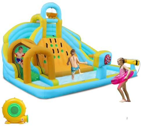 LALAHO Castello gonfiabile con tappeto elastico, scivolo, piscina, parete da arrampicata, 395 x 350 x 260 cm