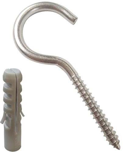 KShun 12 juegos de ganchos de rosca grandes M6.5 M5 de acero inoxidable para madera, techo y pared con tacos, ganchos atornillables – Tornillos de gancho robustos para lámparas exteriores, plantas