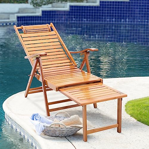 Warmiehomy Foldable Sun Lounger Bamboo Garden Sun Loungers 5-Position Backrest Adjustable Recliner Chair with Headrest Beach Deck Chairs with Footrest for Garden Patio Poolside
