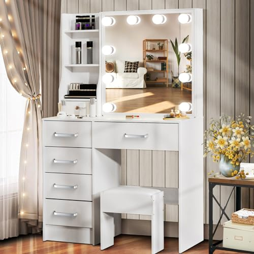 Saimeihome Toeletta Bianco con Luci LED e Sgabello, Tavolo da Toeletta e 6 Cassetti & 6 Ripiani, Specchio Scorrevole, 80x36x130 cm Tavolo Cosmetico per Camera da Letto