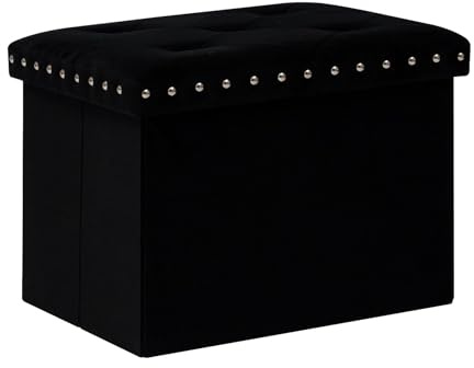 Bonlife Velvet Ottoman with Storage,Small Storage Boxes with Lids,Folding Ottoman Seat,Footstool for Living Room,42x32x32cm,Black