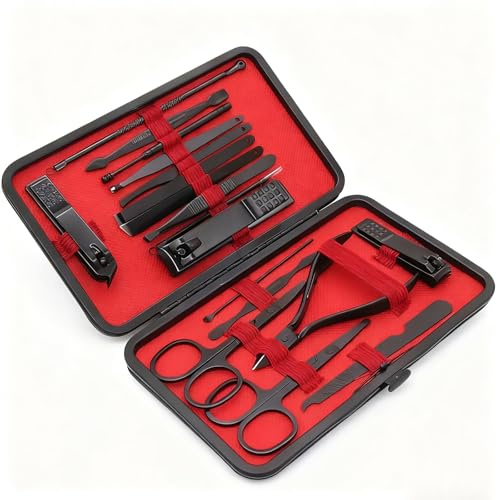 DTOHMOM Juego de manicura, 18 piezas, juego de uñas de pedicura, estuche de acero inoxidable con funda de piel, herramientas para el cuidado de las uñas, juego de cuidado de las uñas, set de cuidado
