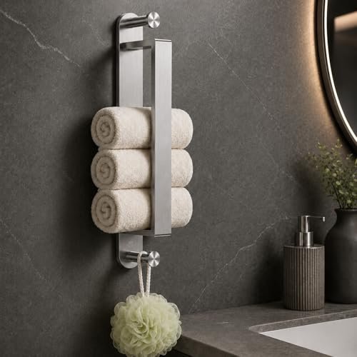 Alyvisun 45CM toalleros de baño sin Taladro Barra de Toalla autoadhesiva, Soporte para Toallas de Acero Inoxidable 304 con Doble Gancho, Multifuncional para baño y Cocina, Plata cepillada