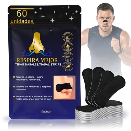 Pack 60 Tiras Nasales Antironquidos para Adultos, Dilatador Nasal para Dormir y Deporte, Mejora la Respiración Nasal y Reduce Ronquidos, Adhesivo Hipoalergénico Alta Fijación, Uso Nocturno y Deportivo