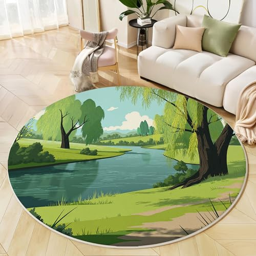 Tappeto Rotondo Verde Decorativo, Cartone Animato Scenario Naturale Tappeto Antiscivolo Lavabile in Lavatrice, Ultra morbido Fiume Salice Tappeti, per Soggiorno Camera da Letto Cucina 180cm