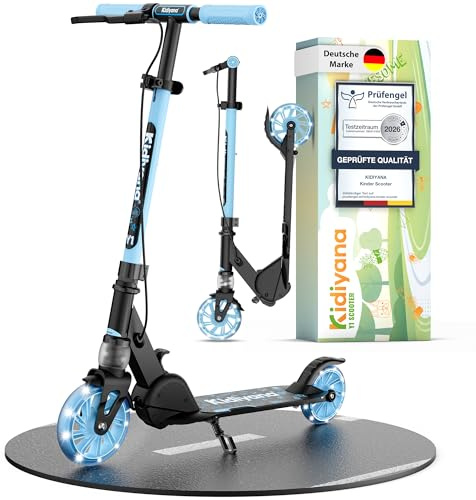 Kidiyana Barnsparkcykel från 5 År upp till 50 kg, Sparkcykel för Pojkar och Flickor med 120 mm PU Hjul med Ljus, ABEC-5 Kullager, Handbroms, Stötdämpning, Hopfällbar