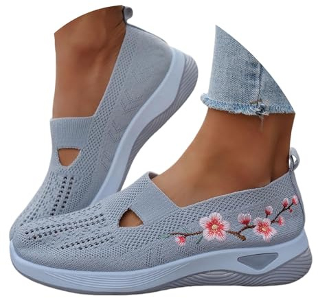 Trlxkhor Scarpe ortopediche da donna, estive, senza lacci, per camminare, comode, traspiranti, antiscivolo, per diabetici, allenamento, sport, rete, grigio, 40 EU Ancho