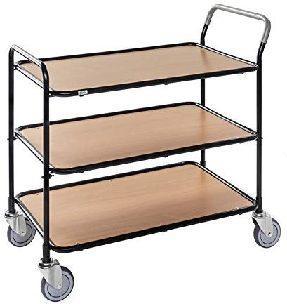 DS Tischwagen - Rollwagen - Servierwagen mit 3 Ebenen - 4 Lenkrollen - Belastung: 250 kg Industriequalität (Schwarz/Buche)