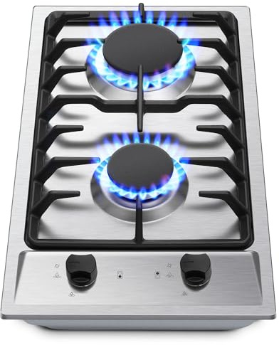 Eascookchef 2-Burner Gas Cooktop with Thermocouple Protection - NG/LPG Convertible 12 Stainless Steel Built-in Gas Stove Top for RV, Kitchen & Camping