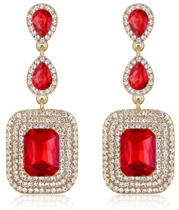EVER FAITH Boucles d'oreilles Carrées Mariage Cristal Autrichien Goutte d'eau Etincelant Lustre pour Dames Rouge Ton d'or