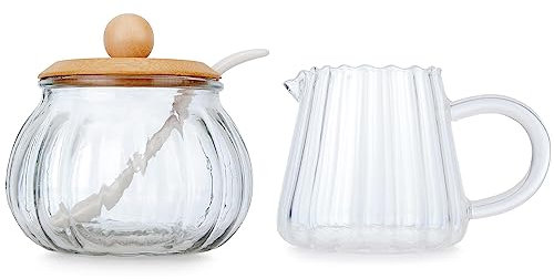 Chase Chic Azucarero y Jarrita para la Leche de Vidrio, Juego Lechera 210ml con Azucarero 240ml Incluye Tapa y Cuchara Servicio de Café para Leche Café Té