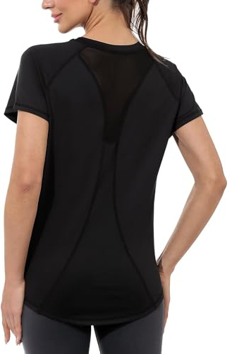Gyabnw Camiseta Deportiva para Mujer, Camiseta de Manga Corta, Camiseta de Entrenamiento, Rápido Camisetas de Malla Mujer Yoga Fitness Top Ropa Deportiva Entrenamiento Atlético NegroL