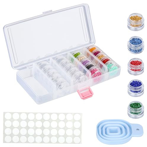 Kurtzy 25 Grids Diamond Art Storage, Dot Painting Bead Organiser with Stickers & Funnel - Clear Plastic Craft Box with Removable Pots for Beads, Jewellery & Glitter, diamond art accessories
