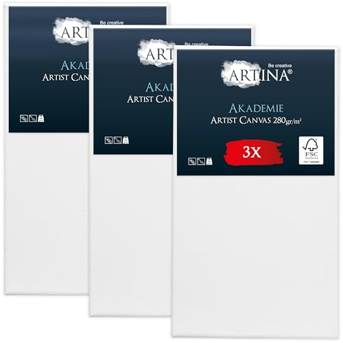 Artina Set de 3 Canvas Toile Peinture Grand Format 80x100 cm – Tableau Peinture Châssis Entoilés en Bois FSC© – Tableau a Peindre Blanche 100% Coton 280g/m² – Toiles à Peindre Stable Akademie