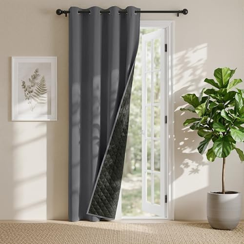 PONY DANCE Thermal Door Curtain with Quilted Black Lining, Grey, 55x84 | 100% Blackout Heavy Eyelet Curtain for Winter, Double Layer Drape for Living Room & Bedroom, Energy Saving & Privacy, 1 Panel