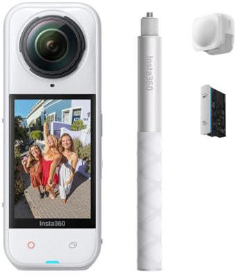 Insta360 X5 startpaket vit – 8K 360 graders kamera, trippel-KI-chip | Sportkamera för svagt ljus, vattentät, två 1/1,28-tums sensorer, utbytbara linser, 3 timmars batteri, osynlig selfiepinne