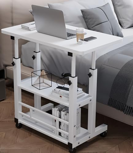 MYRTFK Table d'Appoint Mobile, Table de Chevet roulante en Forme de C réglable en Hauteur avec roulettes, Plateau de lit pour Ordinateur Portable ou canapé, idéal pour Le Salon et la Chambre(White)