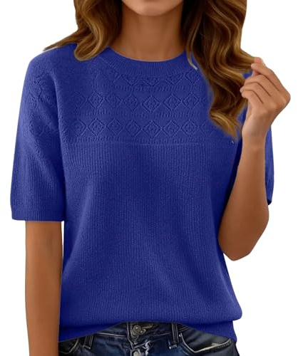 Jersey de manga corta para mujer primavera 2026 moda cuello redondo camiseta de punto elegante ligero jersey de punto de verano monocolor suéter de punto suelto transpirable parte superior fina jersey