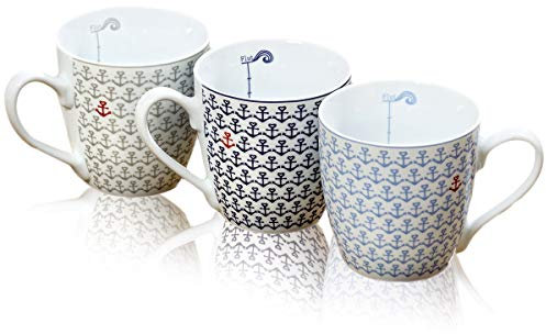 3 Kaffeetassen Kaffeebecher 'Ebbe & Flut' Anker Blau, Grau, Rot & Weiß 400 ml