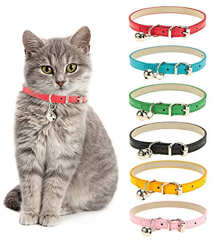 Yorgewd 6 Pack Leather Cat Collars with Removable Bell Polished Durable Metal Buckle Soft and Adjustable for Cats Puppy Small Medium Dogs