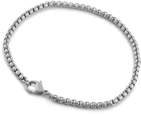 Akitsune Baca kedjelänk armband | 3 mm diameter | Box Rolo män damer kedja rostfritt stål karbinhake minimalistisk, 19 cm, Rostfritt stål