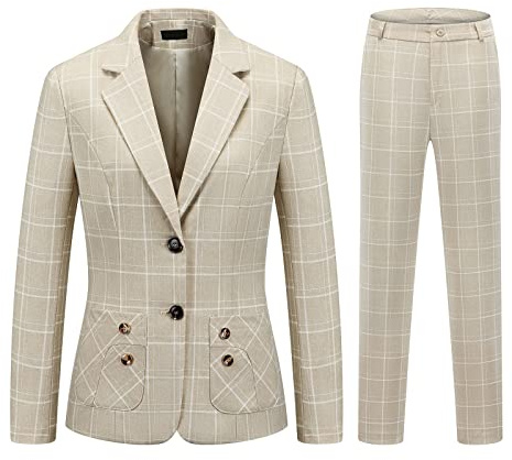 MODFUL Women Suits Formal 2-Piece Plaid Trouser Suit Smart Office Classic Suit for Ladies UK (Apricot1, S)