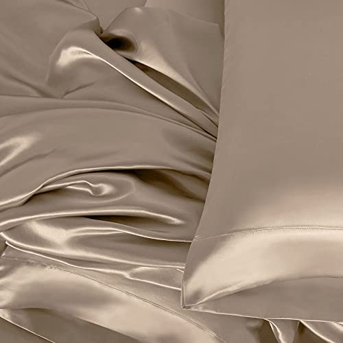 Gorgeous Home LINEN 25 Momme Mulberry Silk 6A Graded Solid Sheet Set | Full (54 X 75) Taupe |Comfy&Cozy Set Upto 21(inch) Deep with Elastic Bounded 4 Piece Set | Oeko-Tex Standard