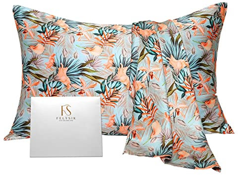 FELYSIK King Leaf Floral Silk Pillowcase for Hair and Skin 20x36, 22 Momme Mulberry Silk Green Plant Lily Flowers Print Pillow Cases with Zipper