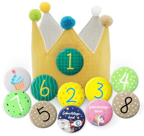 SUGUERU® Corona Compleanno in Mussola con Numeri Intercambiabili da 1 a 8,Cappellini Festa Compleanno Bambini,Corona di Compleanno per Ragazzi e Ragazze,Decorazione di Compleanno per Bambini (Giallo)