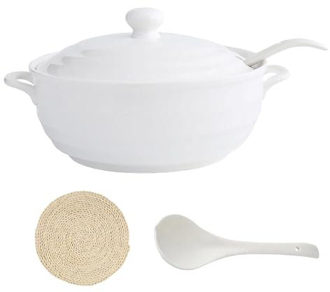 SIULAS 1200ML Ceramic Tureen Soup Double Handle Lid Pure White Ceramic Round White Dish Casserole/Clay Pot/Earthen Pot/Ceramic Cookware with White Lid Heat-Resistant