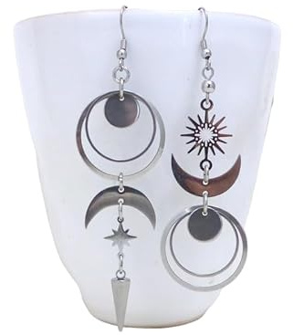 Expédié le lendemain de la commande. Boucles d'oreilles longues dépareillées asymétriques, croissant de lune, soleil, étoile, acier inoxydable