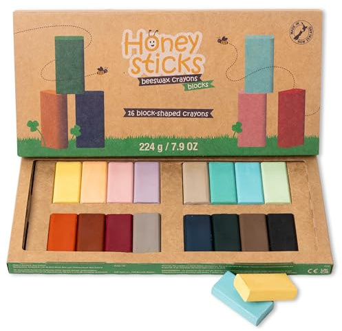 Honeysticks Crayones de bloque (paquete de 16), crayones no tóxicos para niños pequeños, hechos de cera de abeja pura y colores de grado alimenticio, larga duración, para dibujar, colorear