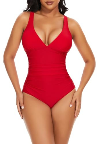 SHAPERIN Baddräkt för kvinnor, V-ringad magkontroll, formande baddräkt, sexig, monokini, rygglös, badmode, badkläder i ett stycke, bodysuit, röd, S