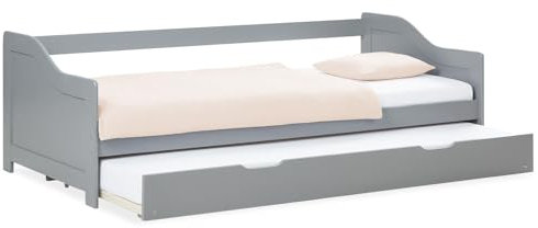 Homestyle4u Ausziehbares Einzelbett 90x200 Holz Grau Kiefer mit Lattenrost & Bettkasten Ausziehbett Kinderbett Holzbett Daybed