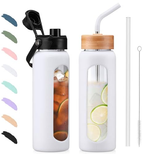 BLUEGO 700ml Glass Water Bottle with Straw and 2 Lids Glass Coffee Cup with Time Marker and Silicone Protector Glass Tumbler for Beverages Soda Cola BPA Free, White