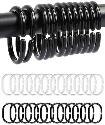 BPTRKOM 24 PCS Anelli per Tende da Doccia- Ganci per Tende da Doccia in Plastica, Ganci per Tende da Doccia a Forma di C, Anelli Tende di Plastica,per Bagno, per Asta da Doccia(Nero*12+Bianco*12)