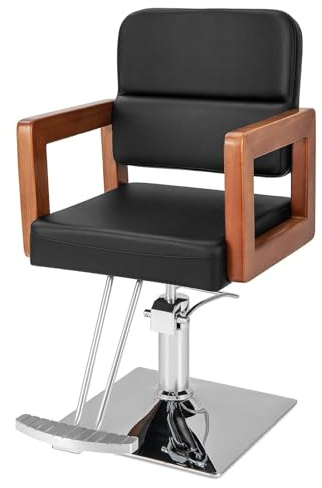 HOMASIS Sedia da Barbiere Regolabile in Altezza, Poltroncina Girevole a 360° con Braccioli e Poggiapiedi, Poltrona da Parrucchiere per Saloni, Portata di 150 kg, Nero