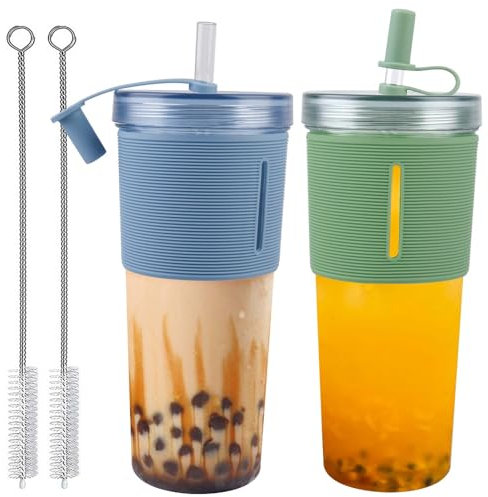 GBKDQQ Bubble Tea Lot de 2 gobelets de 700 ml, avec couvercle et paille, en plastique isolé, à double paroi isolée, réutilisables, pour café, smoothie, milkshake, café glacé à emporter - Avec brosse à